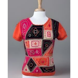 Madison Studio Women's L Short Sleeve Sweater Cotton ORANGE Retro MOD Abstract